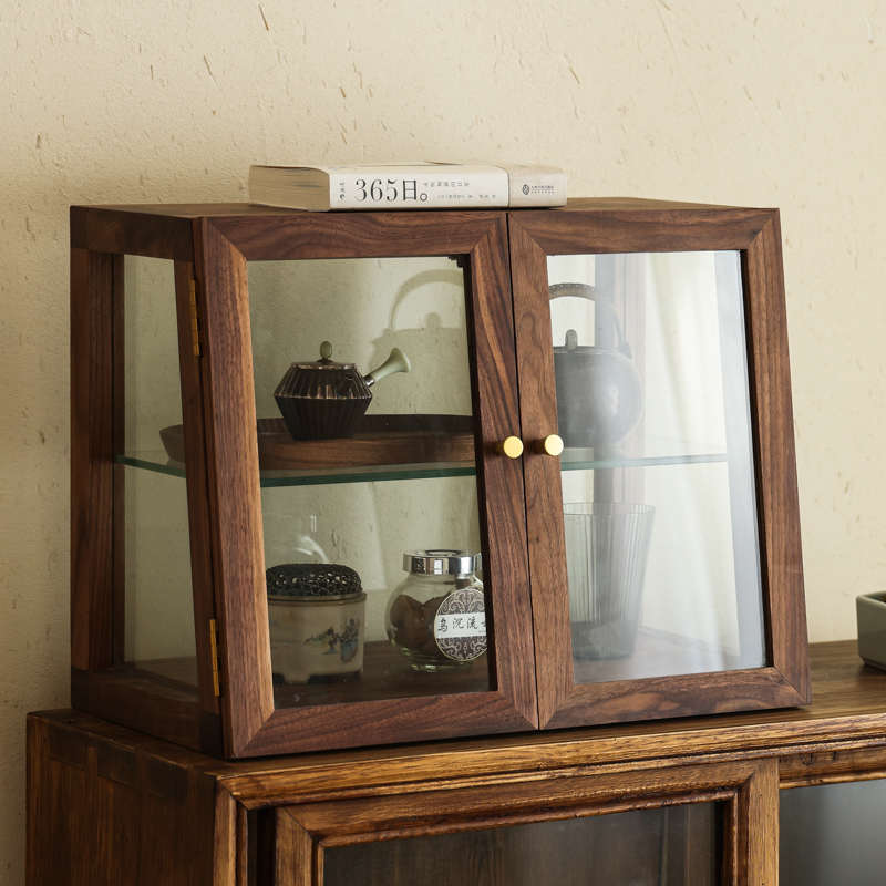 臻曦胡桃木茶具收纳柜子防尘玻璃展示柜日式实木斗柜桌面陈列柜