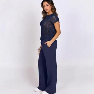 Women Summer Two Piece Sets Crochet Sheer Knit Sweater Top
