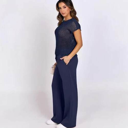 Women Summer Two Piece Sets Crochet Sheer Knit Sweater Top