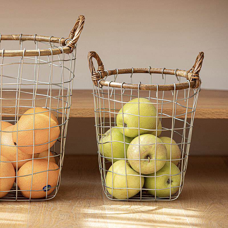 覆古铁艺网格收纳篮藤条编织水果面 面包储物收纳筐纯手工手提置