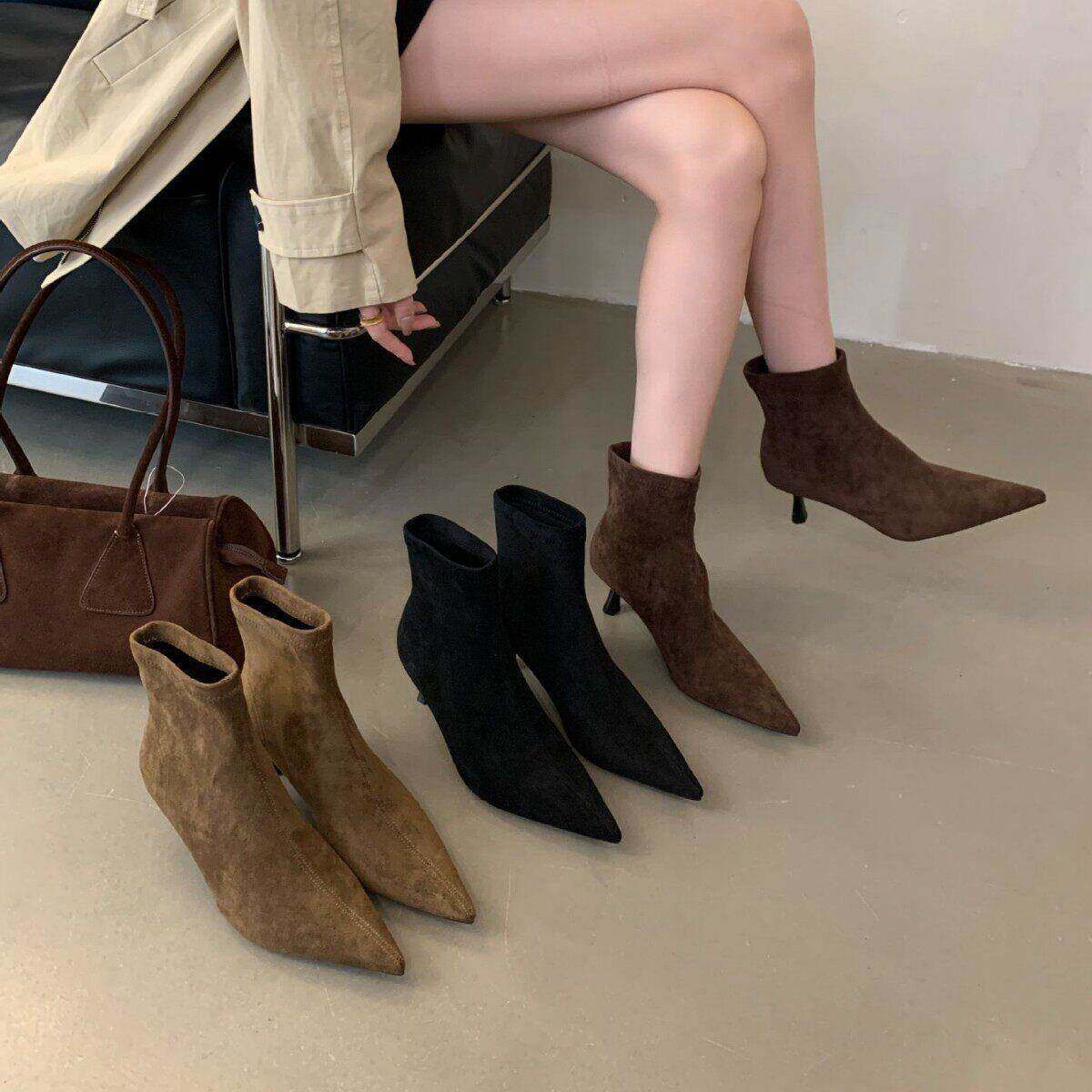 高跟短靴女2025秋冬单靴及裸踝靴绒面小跟尖头法式细跟瘦瘦靴