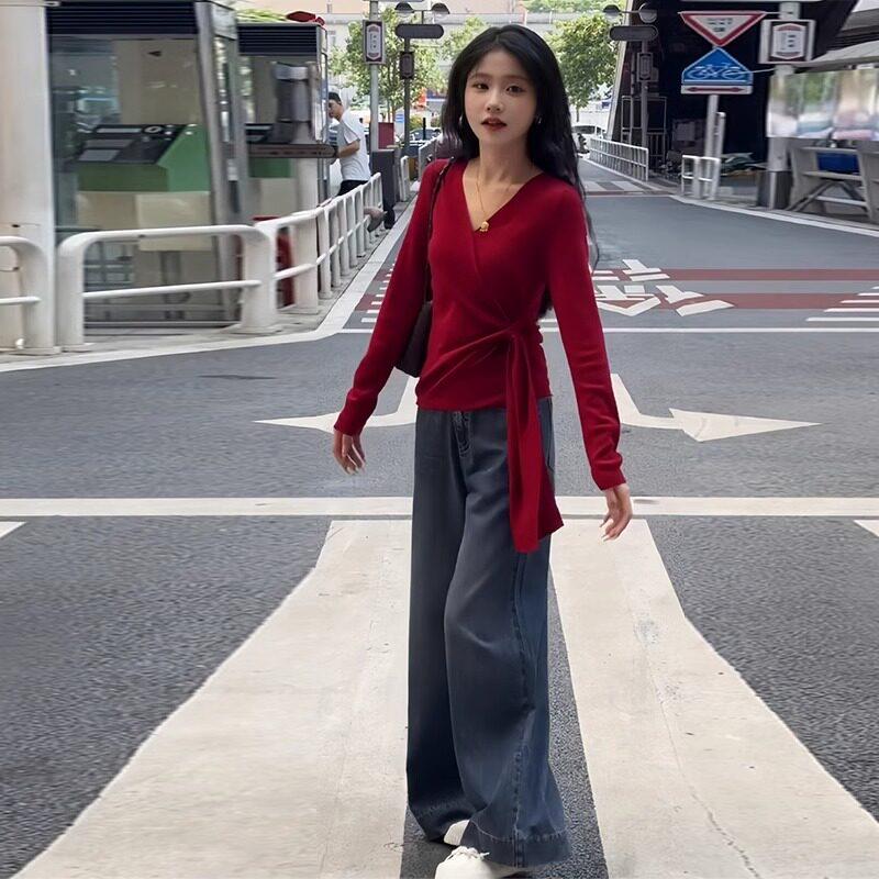 日系红色早秋温柔穿搭设计感2025新款高级感设计感长袖女chic上衣