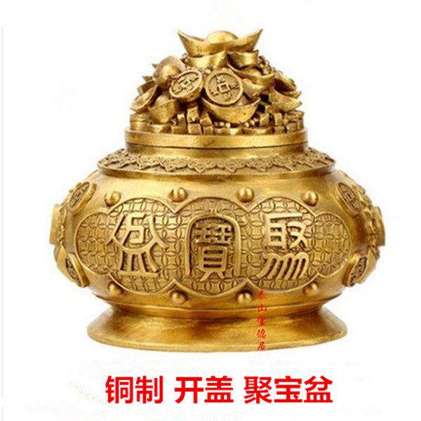 黄铜聚宝盆摆件桌面带盖子开盖招财聚财五路财神聚宝盆家居客厅礼