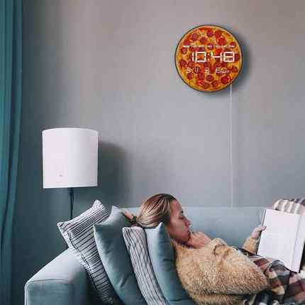 披萨快墙图案餐简约客厅ZDM挂钟家电子多功能用时钟带温度湿度静