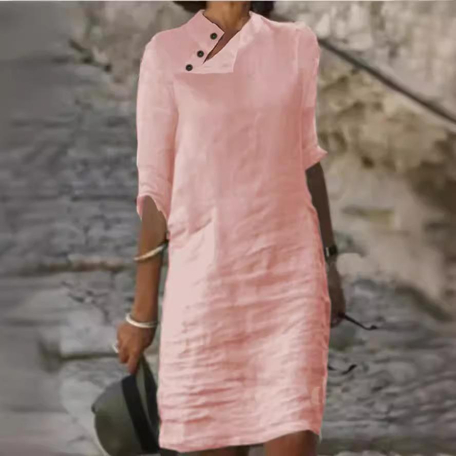 Casual Stand Collar Button Cotton and Linen Solid Color Mid