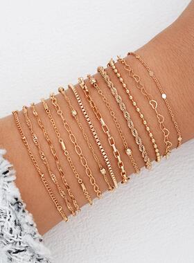 13 piece gold bracelet set跨境爱心麻花圆珠炼条金色手炼13件套