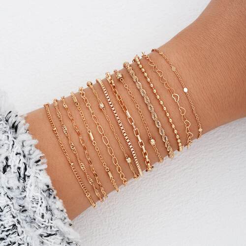13 piece gold bracelet set跨境爱心麻花圆珠炼条金色手炼13件套