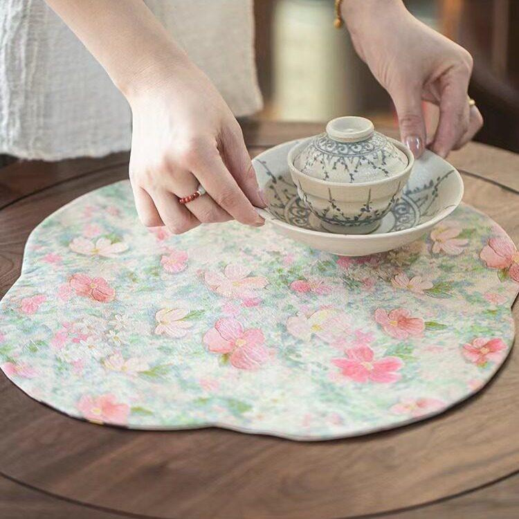 由至 手工茶席复古真丝海棠桌旗禅意茶桌布茶道配件防水布垫轻奢
