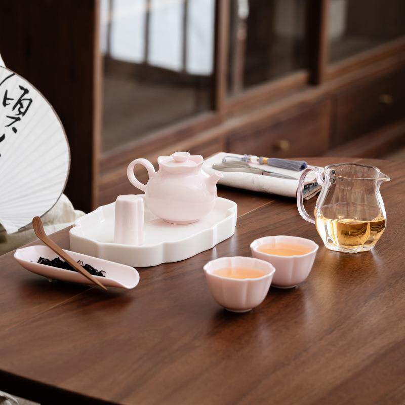 色釉旅行茶具套装泡茶壶户外便携式陶瓷女士小清新粉色玻璃茶海