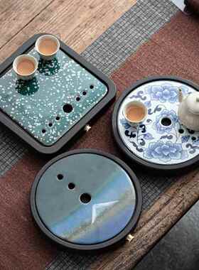 乌金石茶盘陶瓷储水干泡盘接水管排水小型茶台窑变茶座托家用便捷