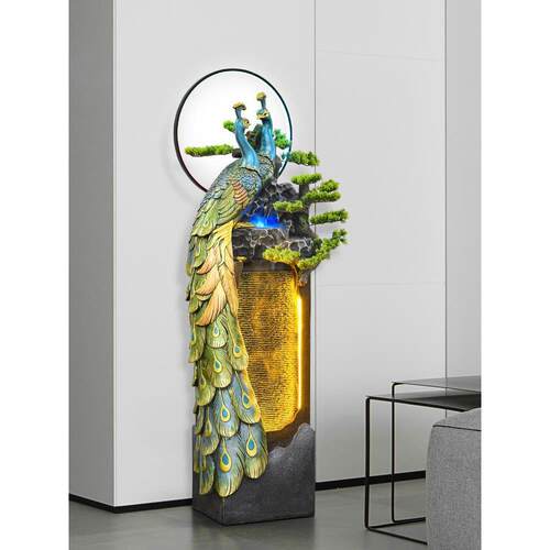 孔雀中式屏风电视柜造景假山水景循环流水生财水幕墙客厅装饰摆件