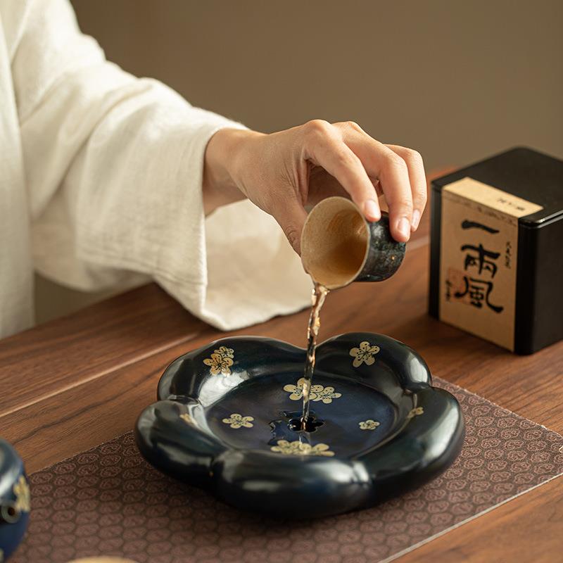 景德镇粉引蓝釉手绘冰梅壶承茶盘蓄水盘建水干泡茶托陶瓷茶具配件