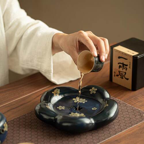 景德镇粉引蓝釉手绘冰梅壶承茶盘蓄水盘建水干泡茶托陶瓷茶具配件