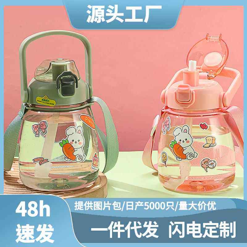 吸管杯大肚杯儿童水杯大容量塑料男女学生吨吨水壶卡通款果汁挂绳