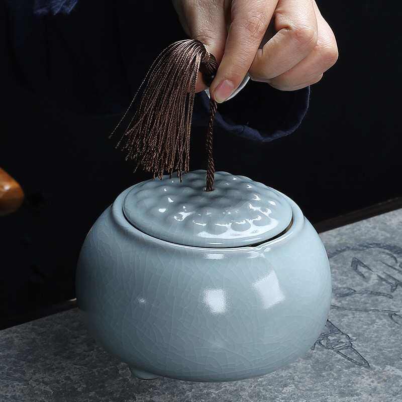 家用汝窑黑陶陶瓷茶叶罐居家汝瓷茶罐密封储物大容量醒茶罐防潮