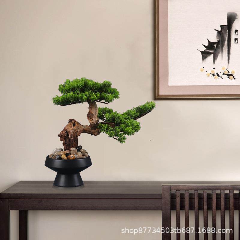 仿真迎客松盆景桌面摆件客厅玄关茶室新中式装饰办公室绿植假盆栽
