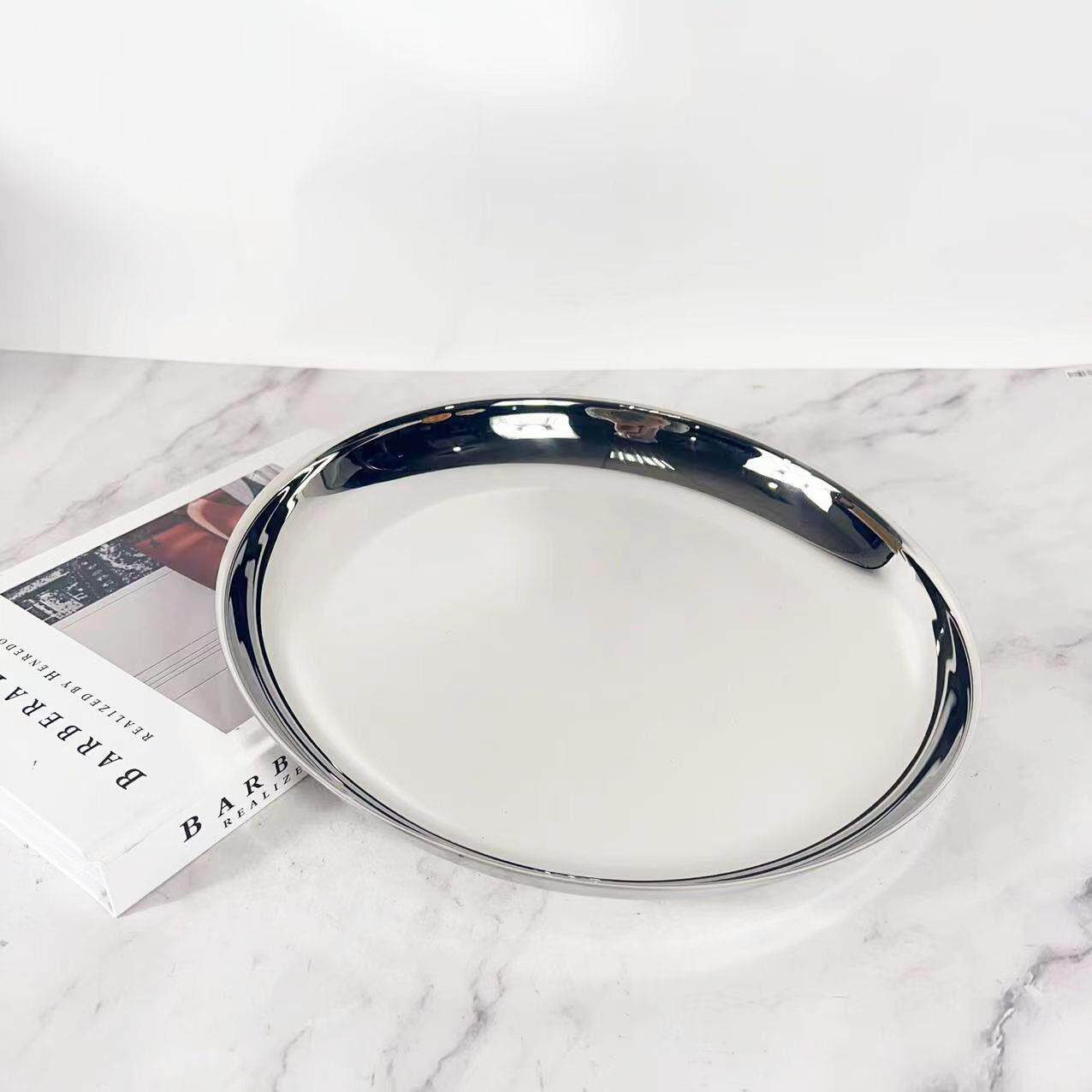 简约现代金属不锈钢圆形镜面托盘样板间桌面茶几售楼处装饰品摆件