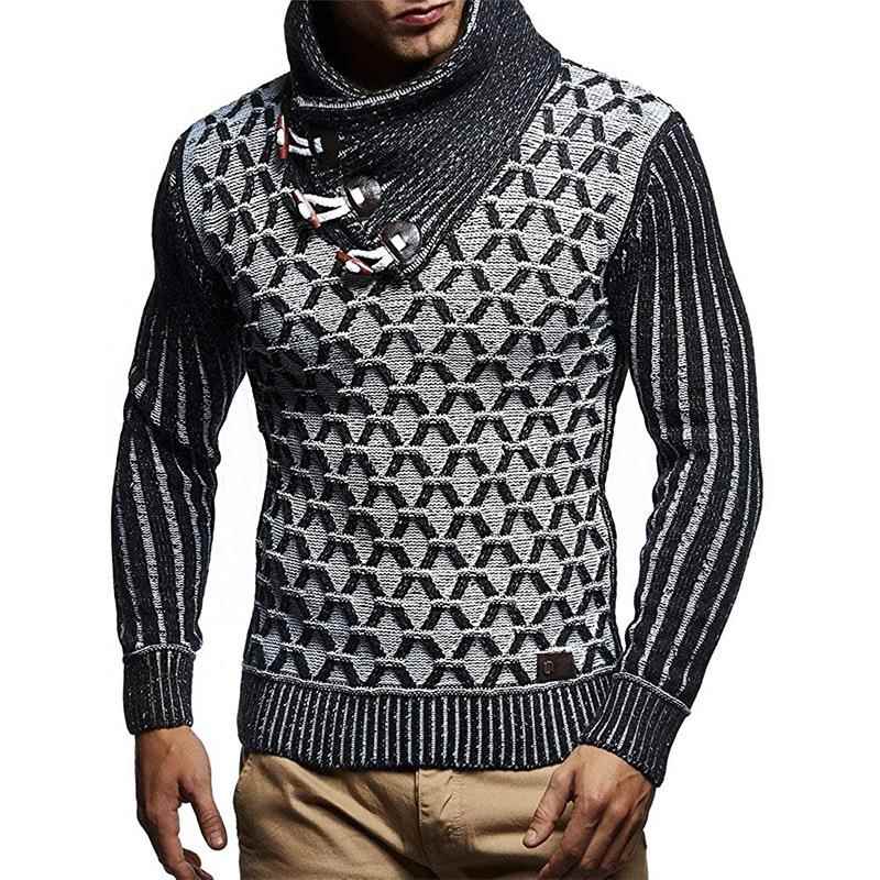 Men's leather button turtleneck knitted pullover sweater