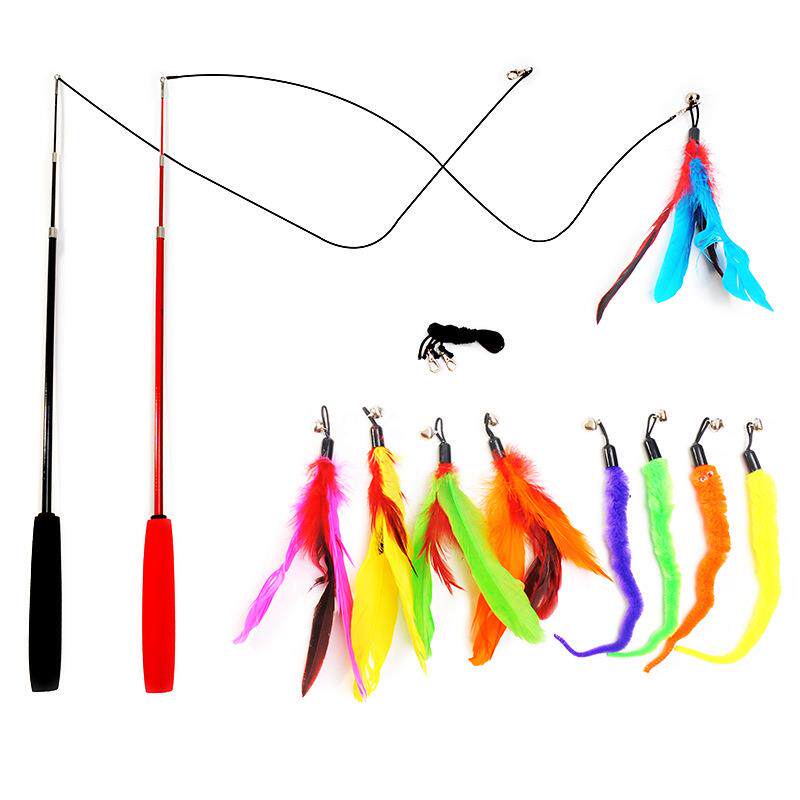 亚马逊新款三节伸缩逗猫棒13件套 DIY组合羽毛逗猫棒套装