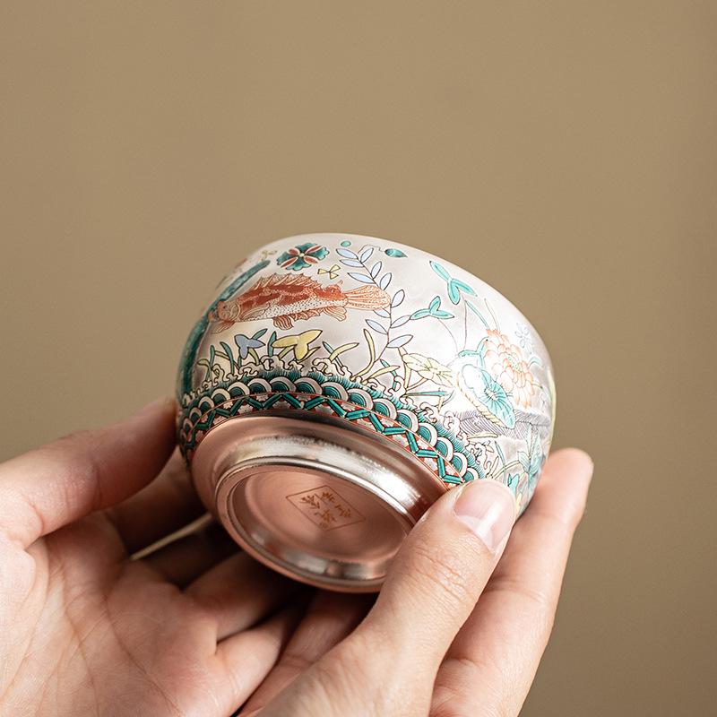 鱼藻纹鎏银主人杯陶瓷茶杯个人杯中式茶盏品茗杯单杯功夫茶具茶碗