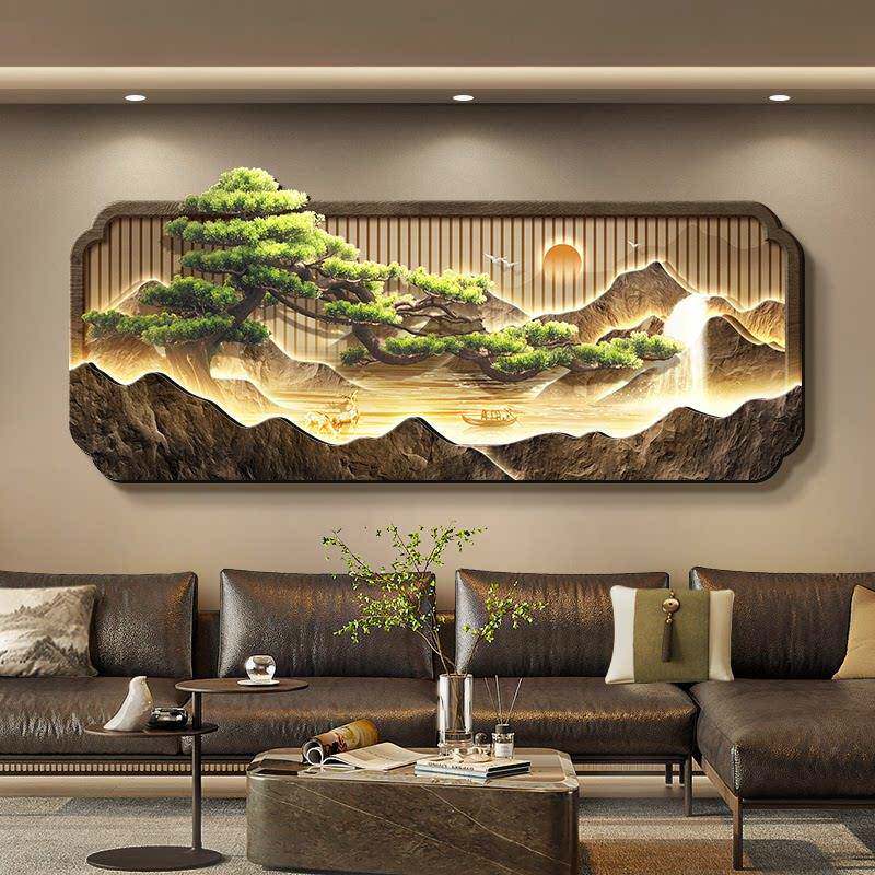 流水生财新中式客厅装饰画迎客松茶室山水画沙发背景墙挂画高级感