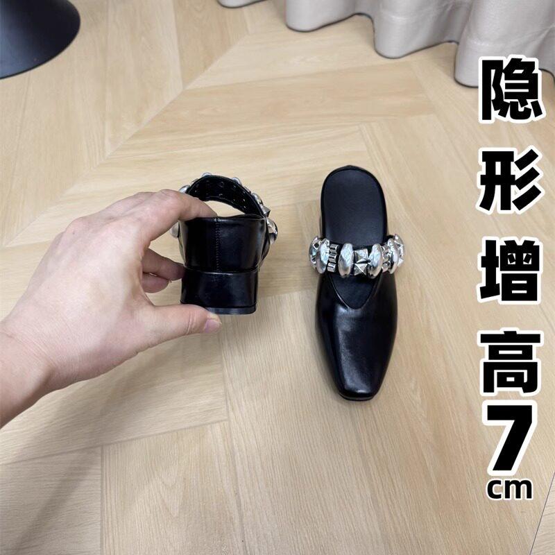 香港真皮内增高包头半拖鞋女夏季外穿2025新款爆款粗跟一脚蹬凉鞋