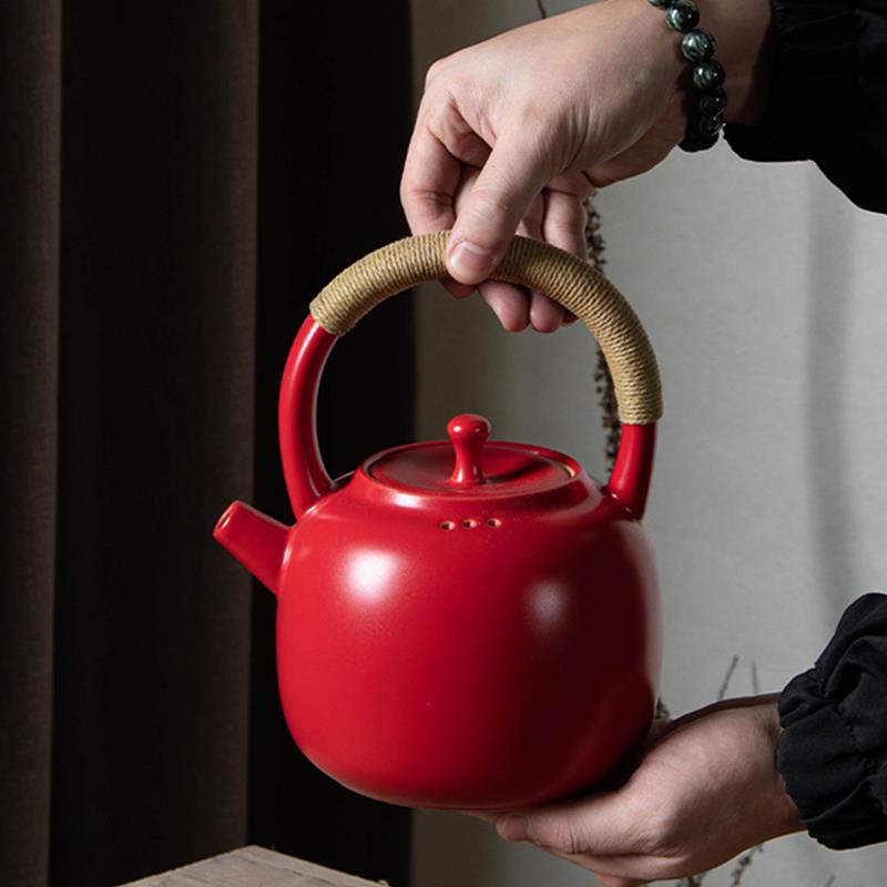 大红釉苏打釉提梁陶壶围炉煮茶壶电陶炉烧水壶泡茶煮茶器陶瓷煮茶