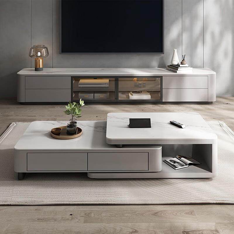 岩板茶几电视柜组合意式极简长方形大小户型客厅家用可伸缩茶几
