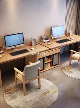 双人台式电脑桌书房办公学习桌带储物柜家用实木书桌机箱一体