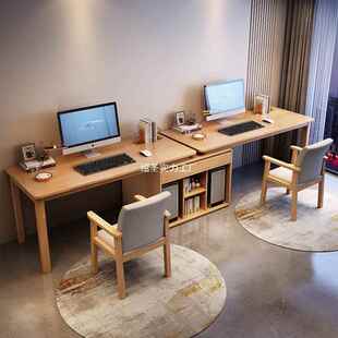 双人台式电脑桌书房办公学习桌带储物柜家用实木书桌机箱一体