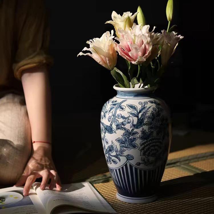新中式青花瓷玄关花瓶装饰摆件青花雀鸟瓶客厅陶瓷花器可混