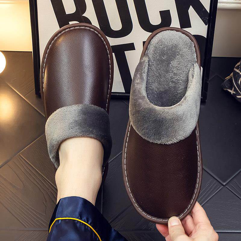 秋冬季棉拖鞋男女居家用厚底室内防滑真皮面防水冬天保暖牛皮拖鞋