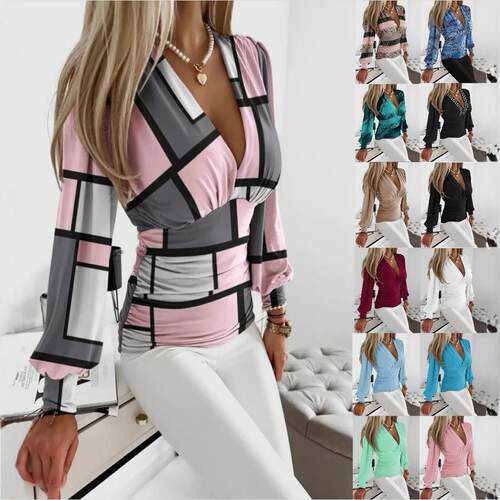 Women's Random Print Ruched Deep V Neck Lantern Sleeve