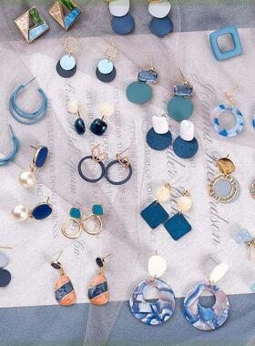 Korean Blue Geometric Acrylic Resin Drop Earrings for Women
