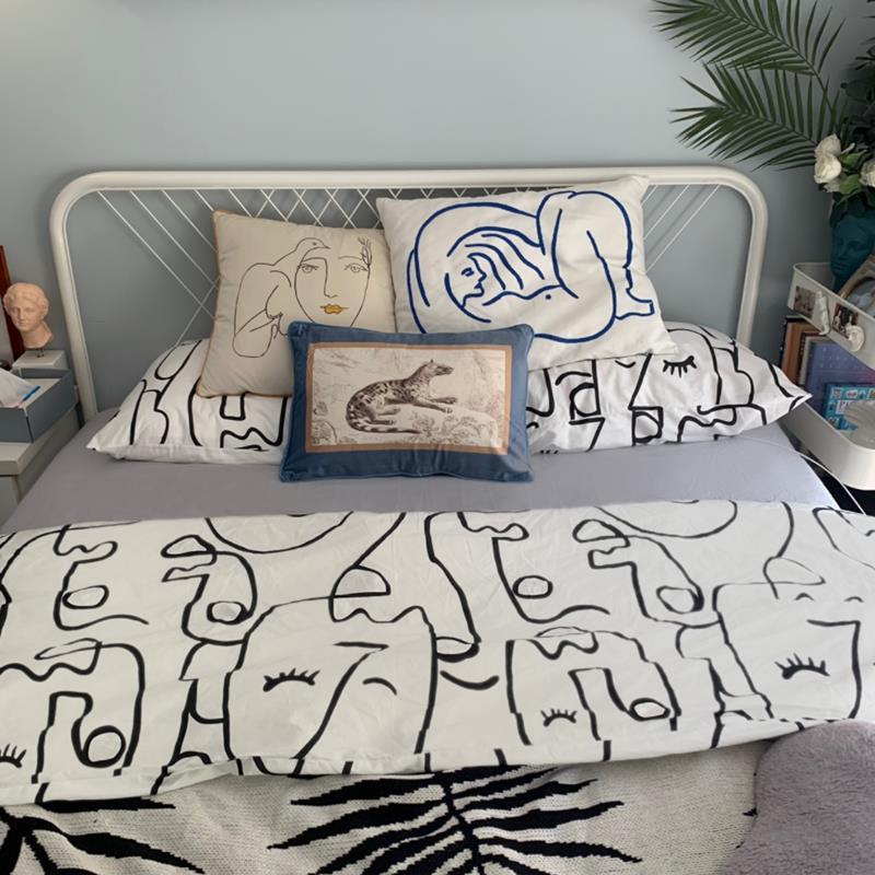 高档北简抽约主义纯棉四件套欧象艺术线条白色床双品男士人被套床