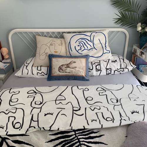 高档品北简约主艺义纯棉四件套抽欧象术线条白色床男士双人被套床