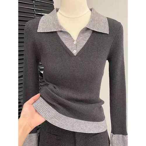 新款洋气秋冬大码女装假两件撞色针织衫上衣女POLO领打底毛1218h