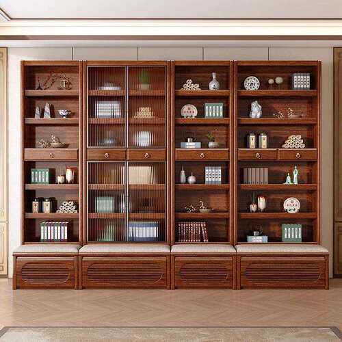 金丝胡桃木全实木书柜带玻璃门自由组合书橱多功能靠墙立柜展示柜