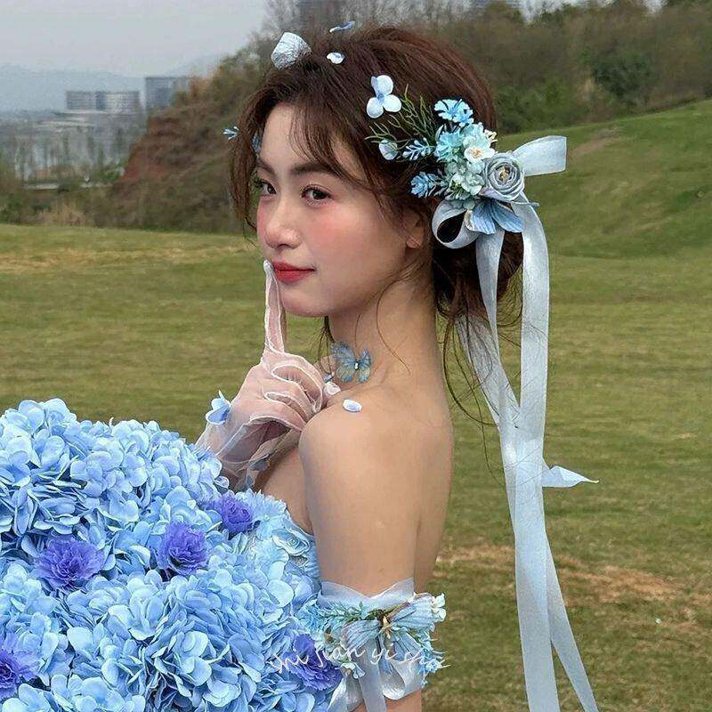 森系结婚蓝色花朵重工发夹饰超仙新娘结婚婚纱拍照礼服纱配饰婚礼