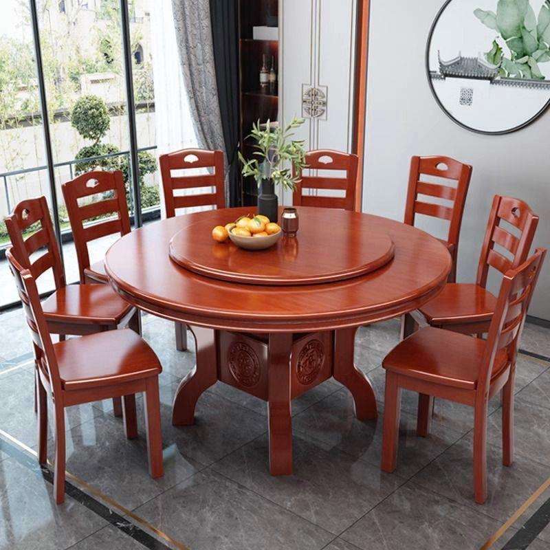中式实木圆桌家用酒店餐馆带转盘餐桌椅组合现代简约雕花仿古桌