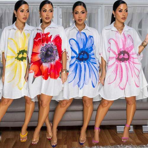 Women's Summer Oversized Floral Printed Shirt Dress Fall