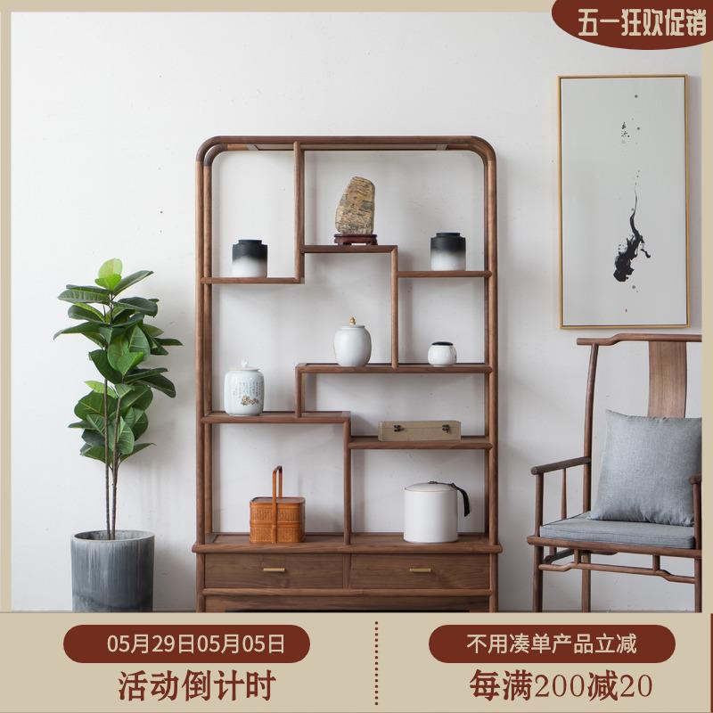 新中式黑胡桃多宝阁禅意实木博古架展示柜老榆木古董架免漆家具
