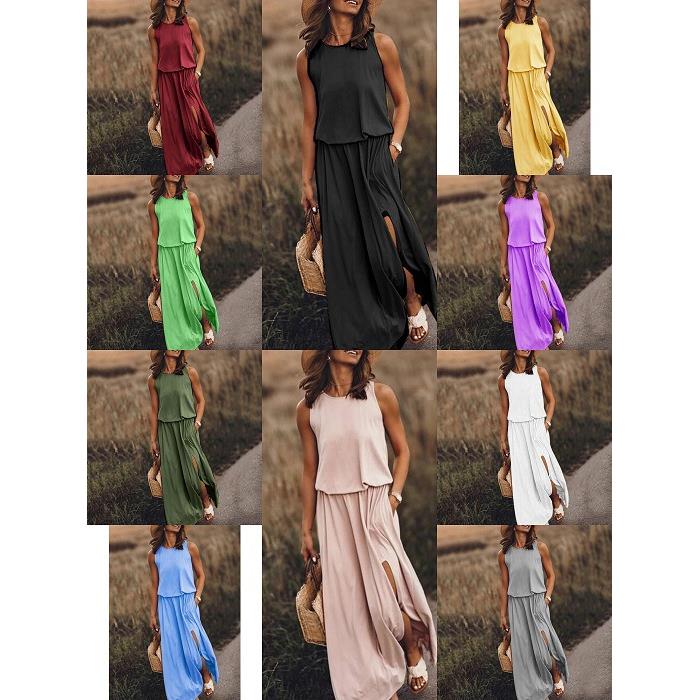 colors multiple in slits with dress sleeveless neck round