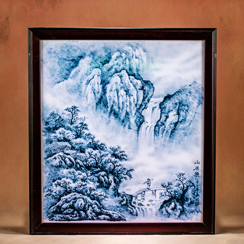 重工青花山水瓷板画屈昀老师手绘装饰瓷画家居挂画陈列摆件高端瓷