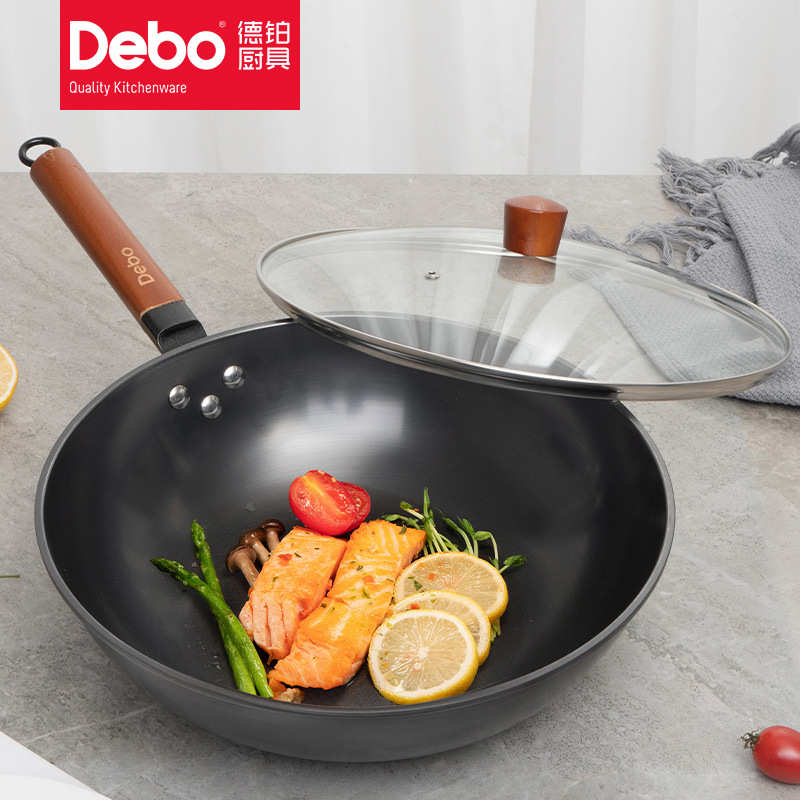 德铂优质精铁不锈炒锅平底炒菜锅不粘锅无涂层防刮耐磨现货批发