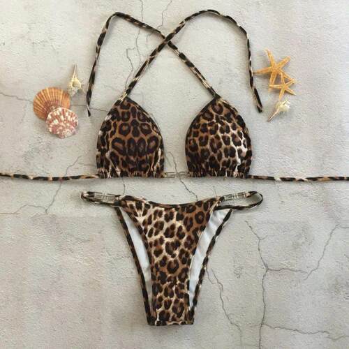 Leopard striped lace up split bikini women豹纹系带分体比基尼