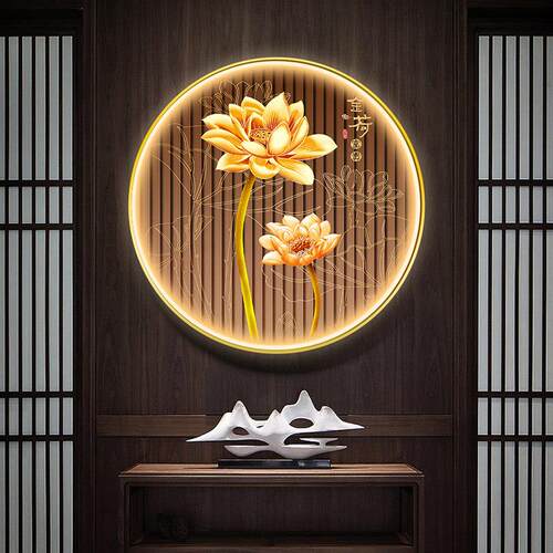 九鱼荷花新中式入户玄关装饰画走廊过道圆形挂画带led发光挂画