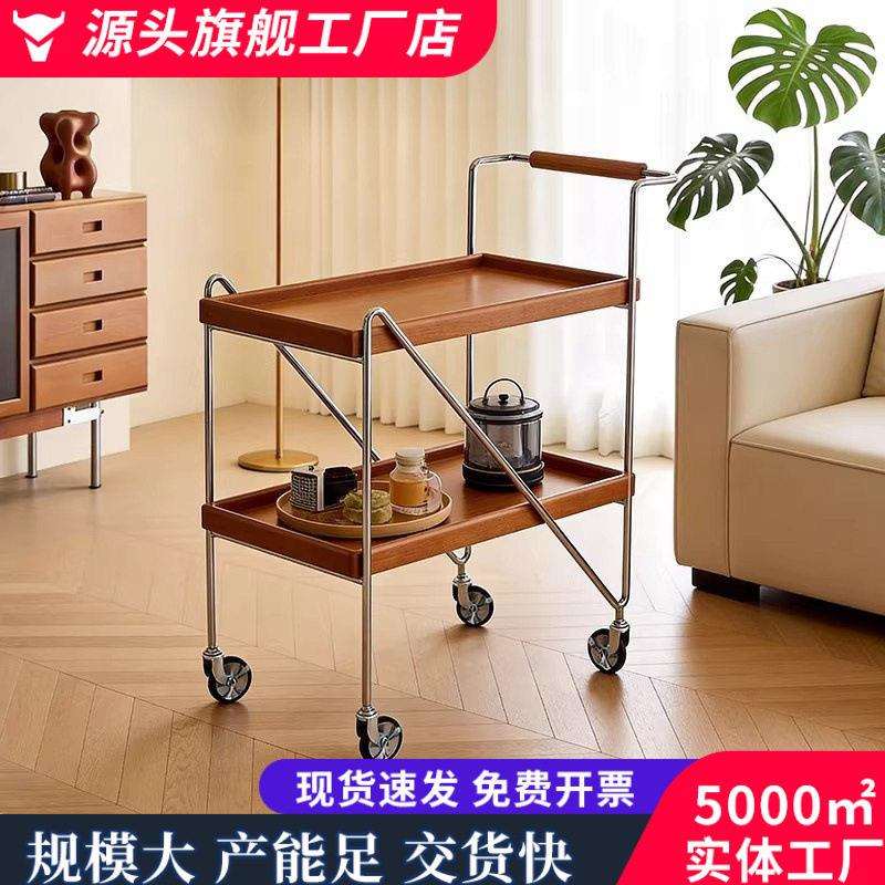 中古风实木小推车双层移动边几客厅沙发家用复古收纳置物架带滚轮