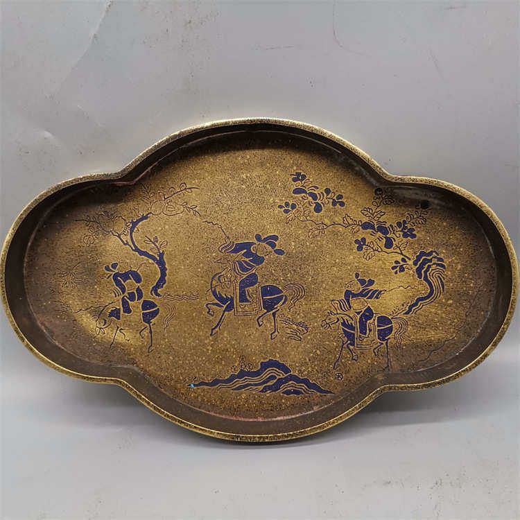 壶摆件铜盘泡垫子茶具漆绘仿古干茶盘纯铜家居装饰功夫纯手工托盘