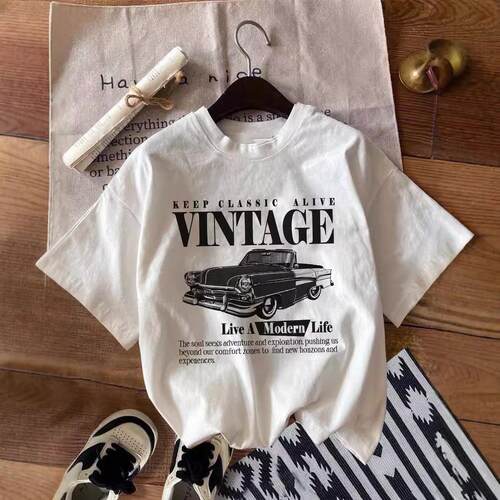 Women's car printed white pullover short shirt